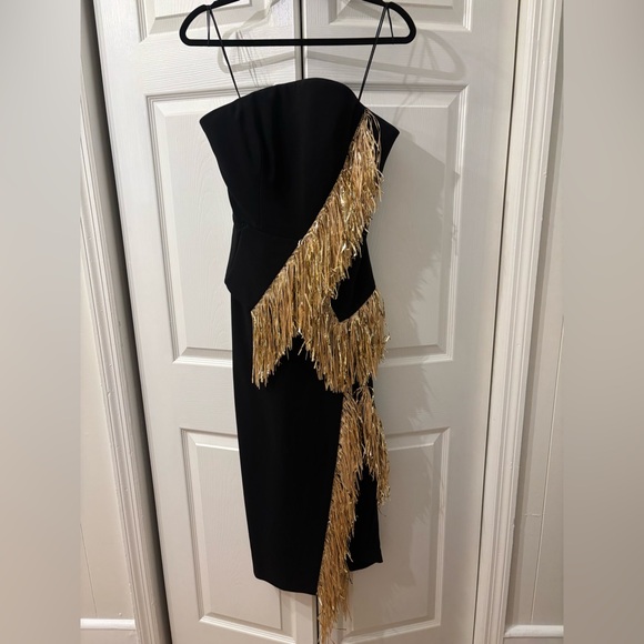 Jason Wu Black Strapless Dress with Gold Fringe Accents Jason Wu Black Strapless Dress with Gold Fringe Accents
